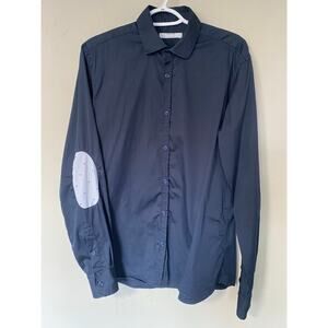 Aglini Luxury Italian Navy Dress Shirt Elbow Patches Pinstripes Butterfies 40 EU